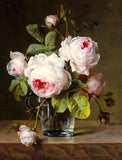 Beautiful Oleograph on Canvas Still Life of White Roses in a  Glass Vase