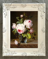 Beautiful Oleograph on Canvas Still Life of White Roses in a  Glass Vase