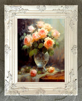 Exquisite Still Life Oleograph on Canvas Still Life of Peach Roses in a Glass Vase