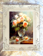 Exquisite Still Life Oleograph on Canvas Still Life of Peach Roses in a Glass Vase
