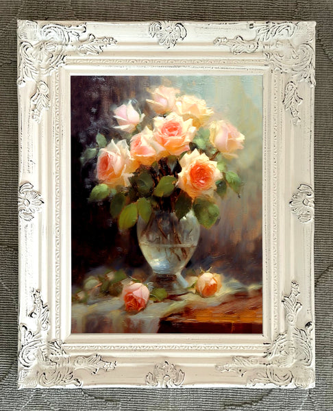 Exquisite Still Life Oleograph on Canvas Still Life of Peach Roses in a Glass Vase