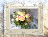 Exquisite Oleograph on Canvas Still Life of Pink & Yellow Roses