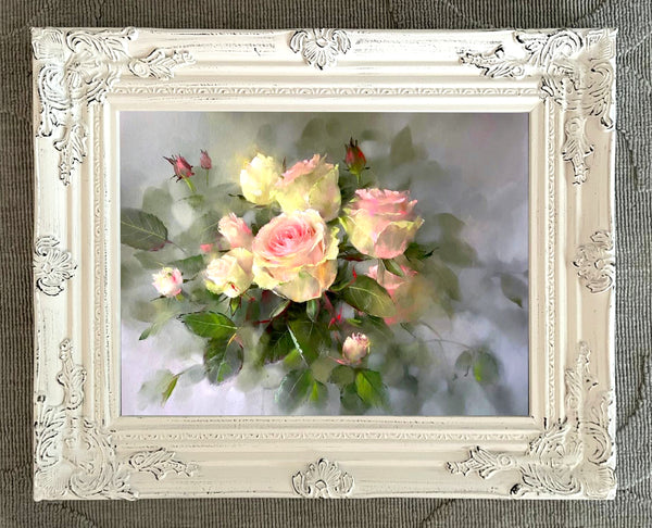 Exquisite Oleograph on Canvas Still Life of Pink & Yellow Roses