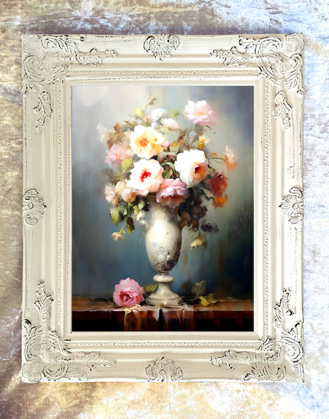 Exquisite Oleograph on Canvas Still Life of Roses in an Ivory Urn