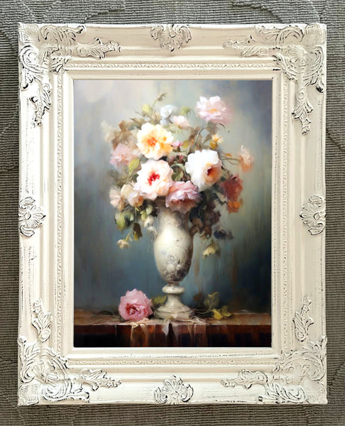 Exquisite Oleograph on Canvas Still Life of Roses in an Ivory Urn