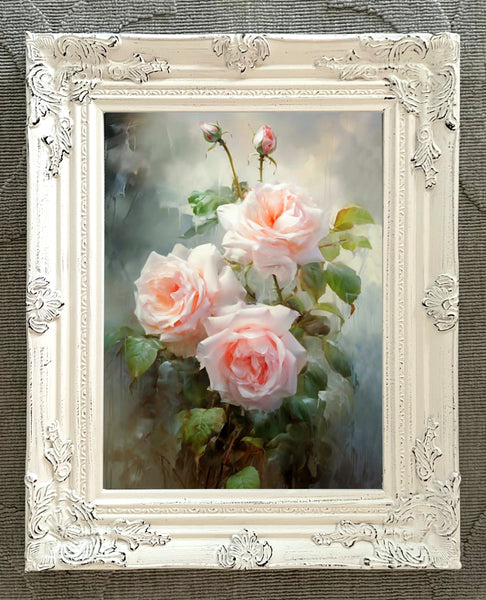 Exquisite Still Life Oleograph on Canvas - Spray of Pink Roses