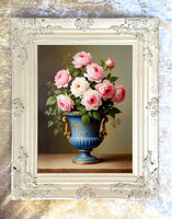 Beautiful Oleograph on Canvas - Still Life with Pink Roses in a Blue Wedgewood Urn