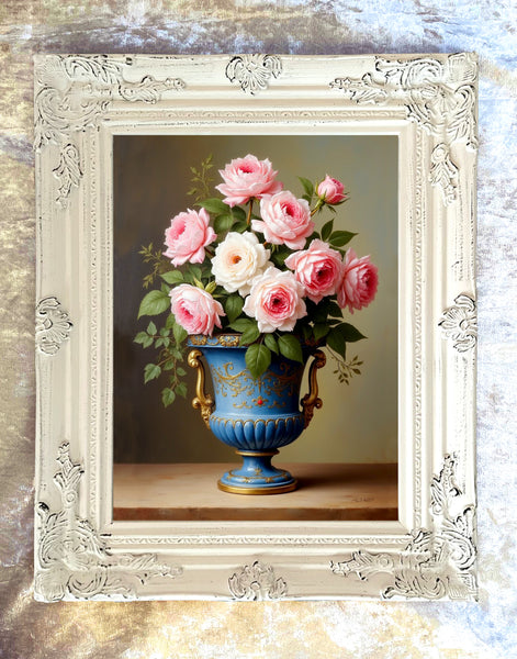 Beautiful Oleograph on Canvas - Still Life with Pink Roses in a Blue Wedgewood Urn