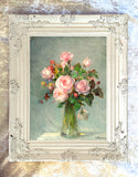 Exquisite Still Life Oleograph on Canvas - Bouquet of Pink & White Roses in a Glass Vase