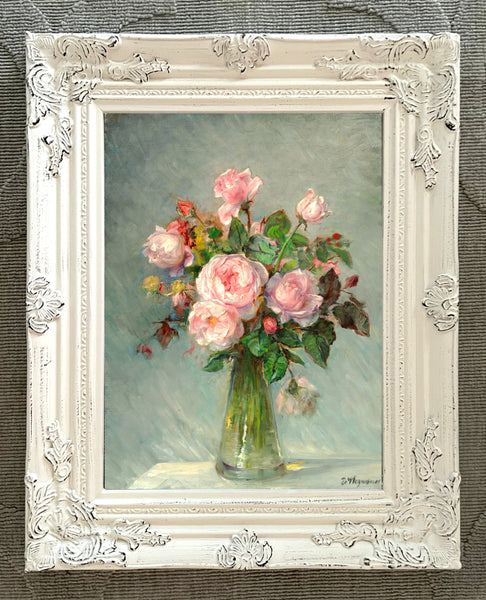 Exquisite Still Life Oleograph on Canvas - Bouquet of Pink & White Roses in a Glass Vase