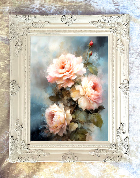 Beautiful Still Life Oleograph on Canvas - Bouquet of Pink Roses