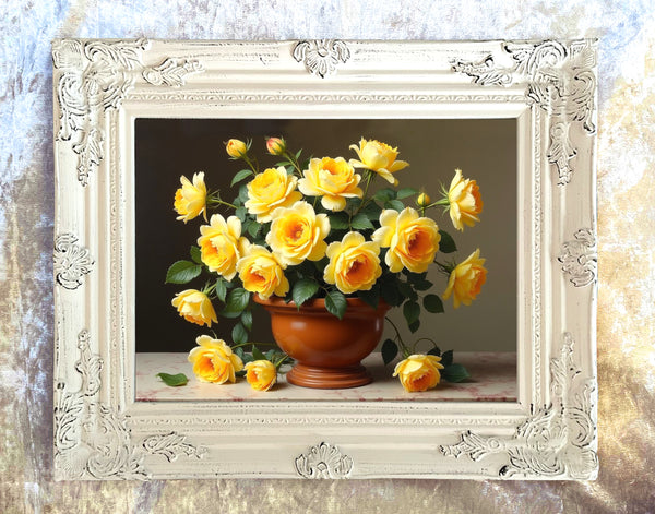 Fine Still Life Oleograph on Canvas  of Yellow Roses in a Terracotta Urn