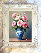 Beautiful Oleograph on Canvas - Pink Roses in a Blue & White Antique Chinese Vase