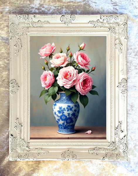 Beautiful Oleograph on Canvas - Pink Roses in a Blue & White Antique Chinese Vase