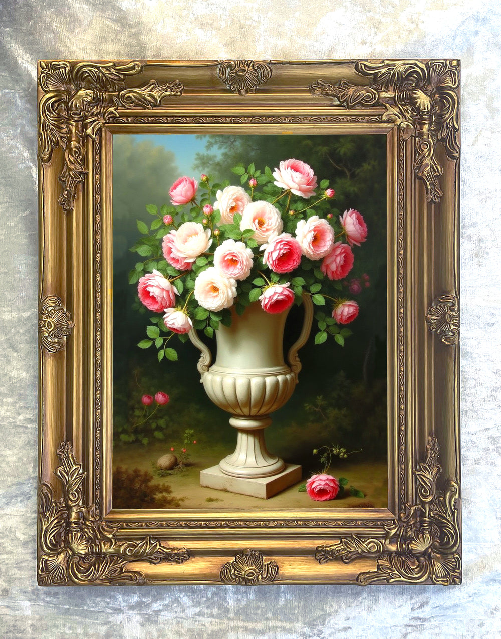 Exquisite Oleograph on Canvas - White & Pink Roses in a Stone Urn