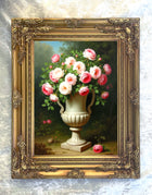 Exquisite Oleograph on Canvas - White & Pink Roses in a Stone Urn