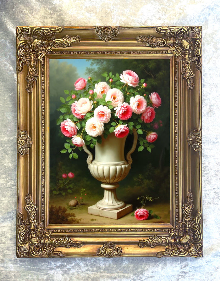 Exquisite Oleograph on Canvas - White & Pink Roses in a Stone Urn
