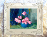 Stunning Still Life Oleograph on Canvas Still Life of Pink Roses in a  Blue Vase
