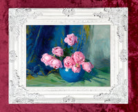 Stunning Still Life Oleograph on Canvas Still Life of Pink Roses in a  Blue Vase