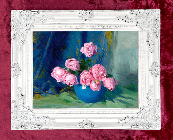 Stunning Still Life Oleograph on Canvas Still Life of Pink Roses in a  Blue Vase