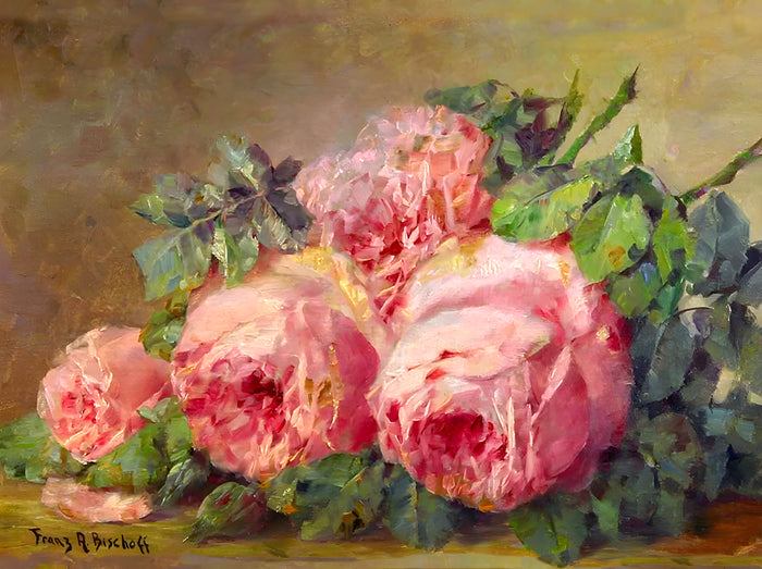 Fine Still Life Oleograph on Canvas Still Life of Pink Roses on a Ledge
