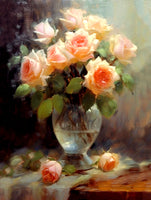 Exquisite Still Life Oleograph on Canvas Still Life of Peach Roses in a Glass Vase