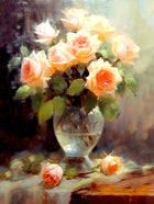 Exquisite Still Life Oleograph on Canvas Still Life of Peach Roses in a Glass Vase