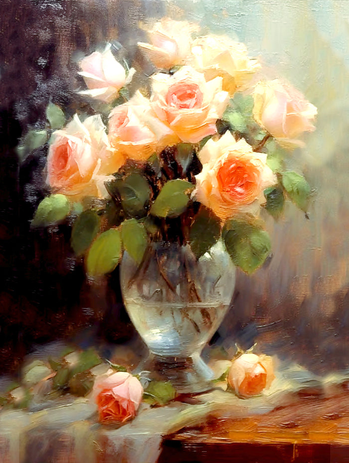 Exquisite Still Life Oleograph on Canvas Still Life of Peach Roses in a Glass Vase