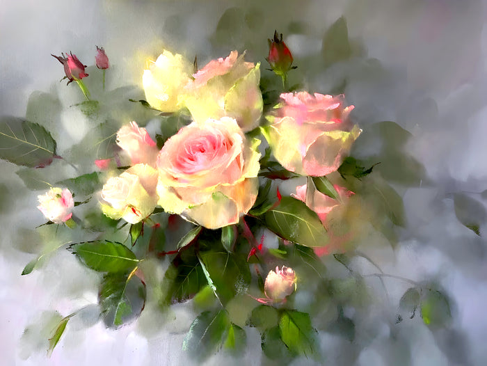 Exquisite Oleograph on Canvas Still Life of Pink & Yellow Roses
