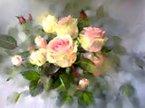 Exquisite Oleograph on Canvas Still Life of Pink & Yellow Roses