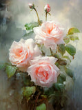 Exquisite Still Life Oleograph on Canvas - Spray of Pink Roses