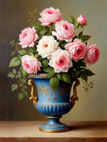 Beautiful Oleograph on Canvas - Still Life with Pink Roses in a Blue Wedgewood Urn