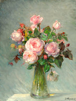 Exquisite Still Life Oleograph on Canvas - Bouquet of Pink & White Roses in a Glass Vase