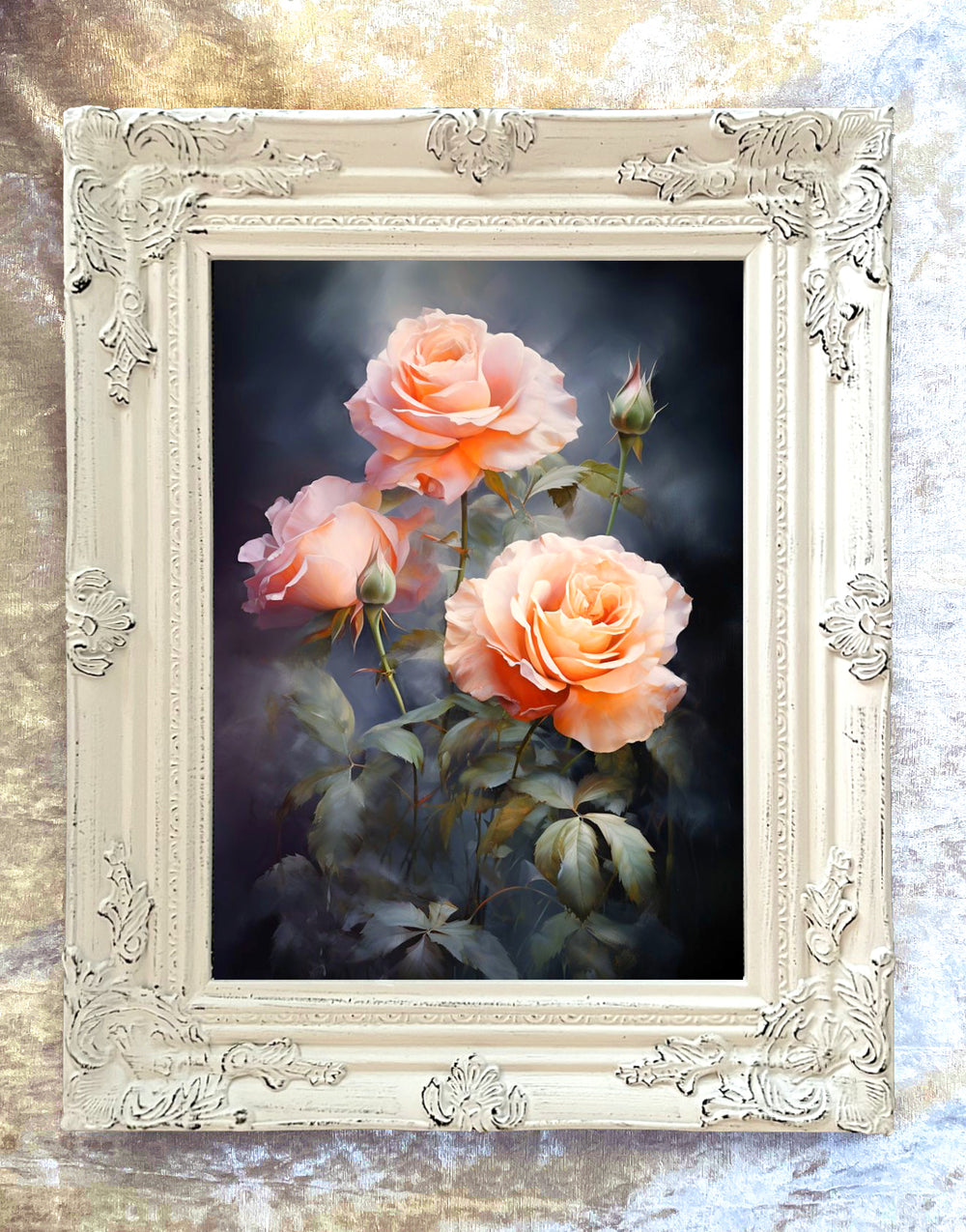Exquisite Oleograph on Canvas Still Life of a Bouquet of Peach Roses
