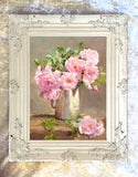Fine Still Life Oleograph -  Pink Roses in a Watering Can