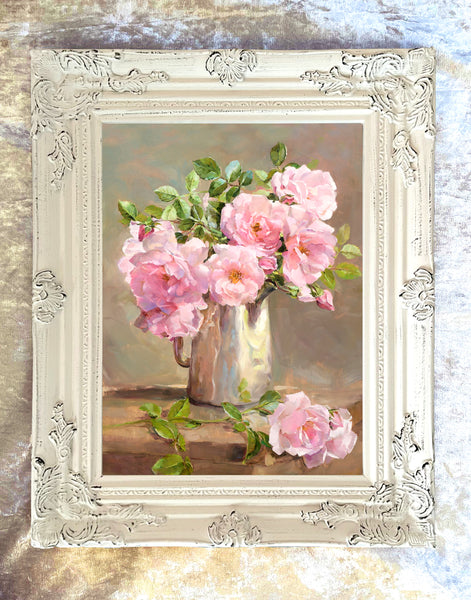 Fine Still Life Oleograph -  Pink Roses in a Watering Can