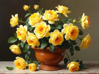 Fine Still Life Oleograph on Canvas  of Yellow Roses in a Terracotta Urn