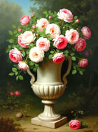 Exquisite Oleograph on Canvas - White & Pink Roses in a Stone Urn