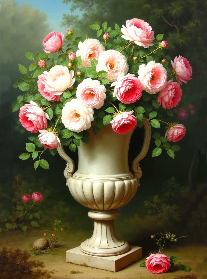 Exquisite Oleograph on Canvas - White & Pink Roses in a Stone Urn