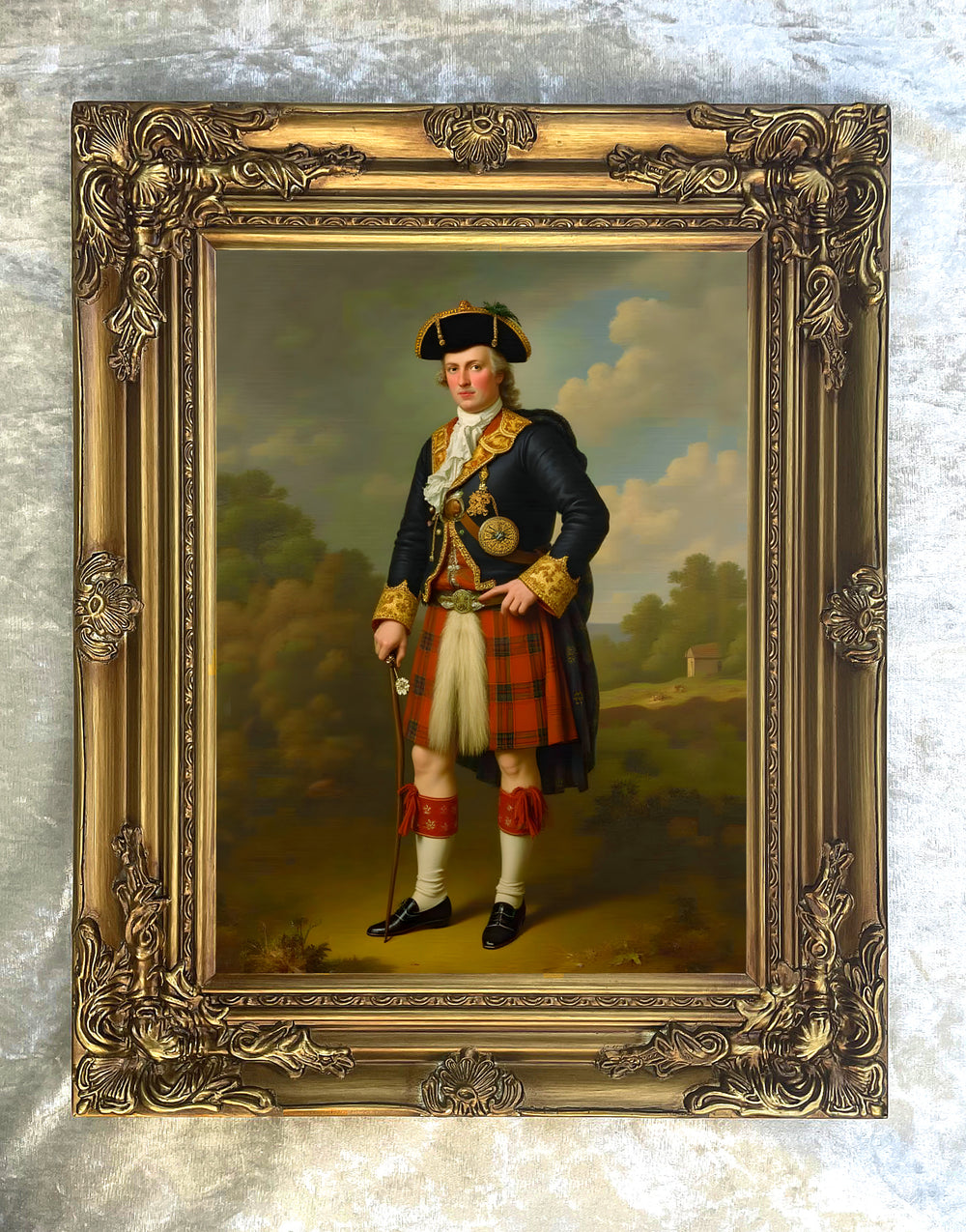 Exquisite Oleograph on Canvas - Portrait of a Highlander in full Tartan Uniform