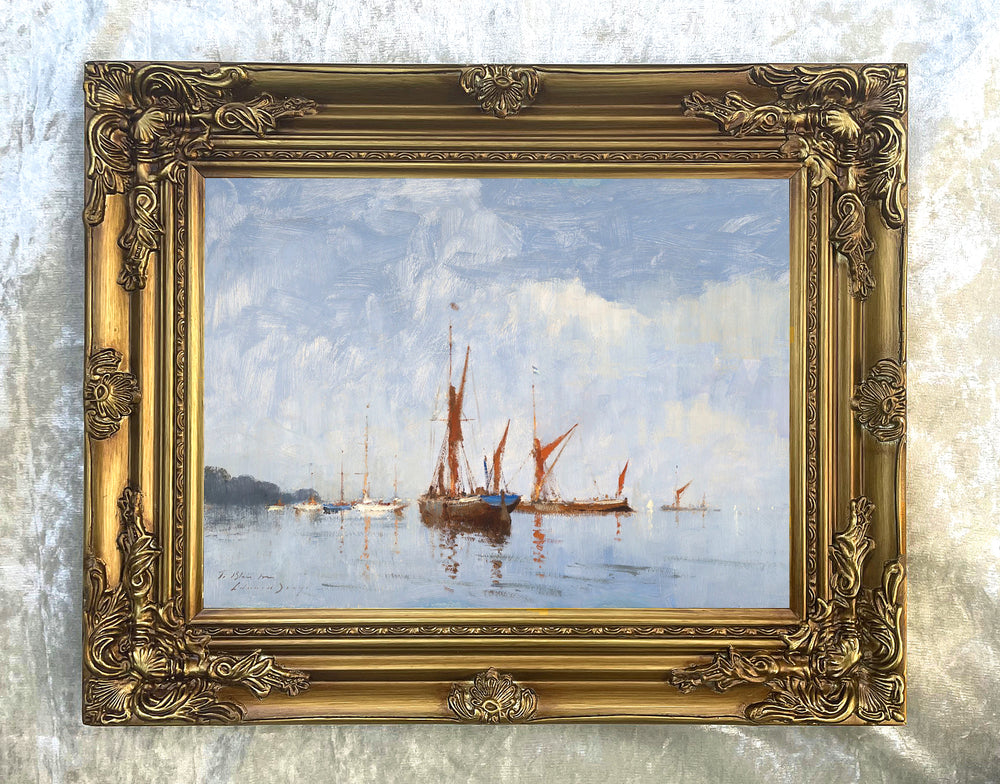 Gilt Framed Oleograph of Barges on the Orwell after Seago