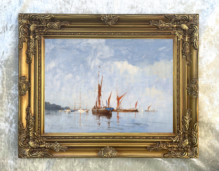 Gilt Framed Oleograph of Barges on the Orwell after Seago