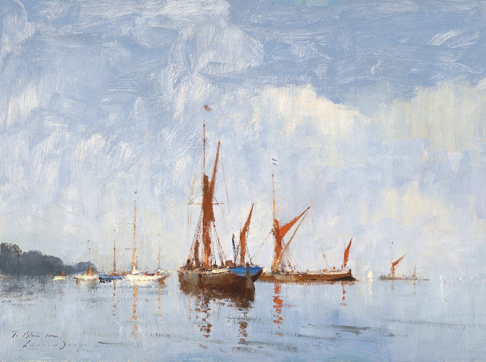Gilt Framed Oleograph of Barges on the Orwell after Seago