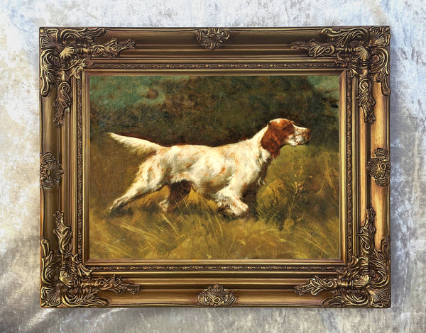 Fine Framed Oleograph of a Setter on Point in a Woodland Landscape