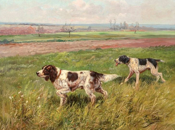 Fine Oleograph on Canvas - An English Setter & Pointer in the Field - aft Eugene Petit