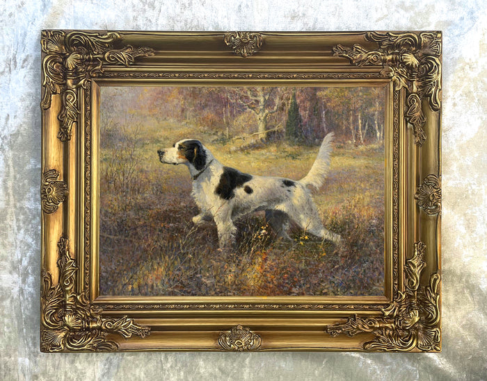 Fine Oleograph on Canvas - English Setter on Point in an extensive Landscape