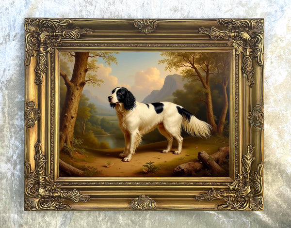 Fine Oleograph on Canvas - English Black & White Setter in a Woodland Landscape