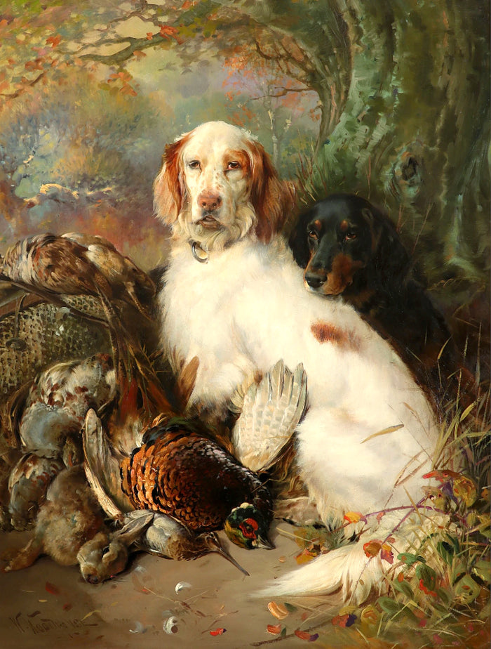 Fine Oleograph on Canvas of a Pair of Setters with Game
