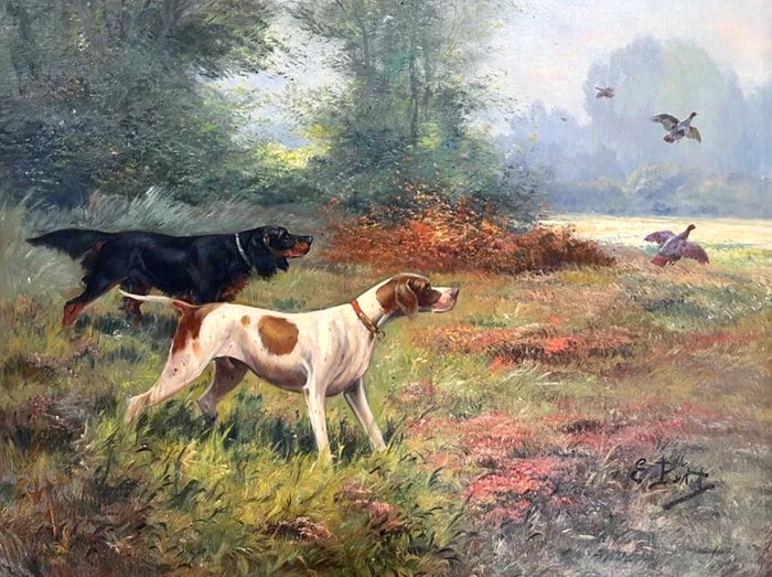 Fine Oleograph on Canvas - A Gordon Setter & Pointer in the Field - aft Eugene Petit