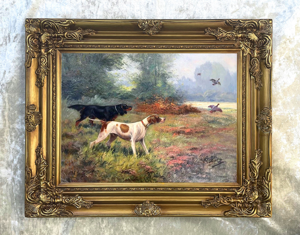 Fine Oleograph on Canvas - A Gordon Setter & Pointer in the Field - aft Eugene Petit